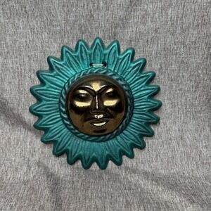 Vintage 1990s Celestial Brass Copper Pottery Terra Cotta Sun Face Wall Hanging